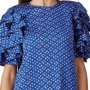 Kate Spade Blue and White Puff Sleeve Ruffled Blouse